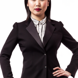 picture of a young career woman wearing a blazer and a professional look. 
depict a figure that is tough, brave, competent, patient and punctual.