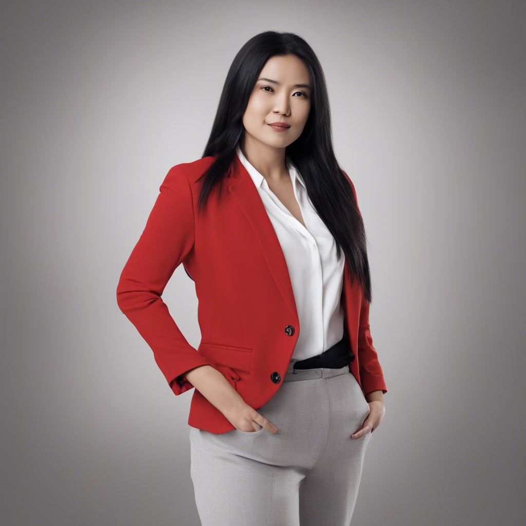 Professional woman with a long black hair wearing t-shirt and red Blazer